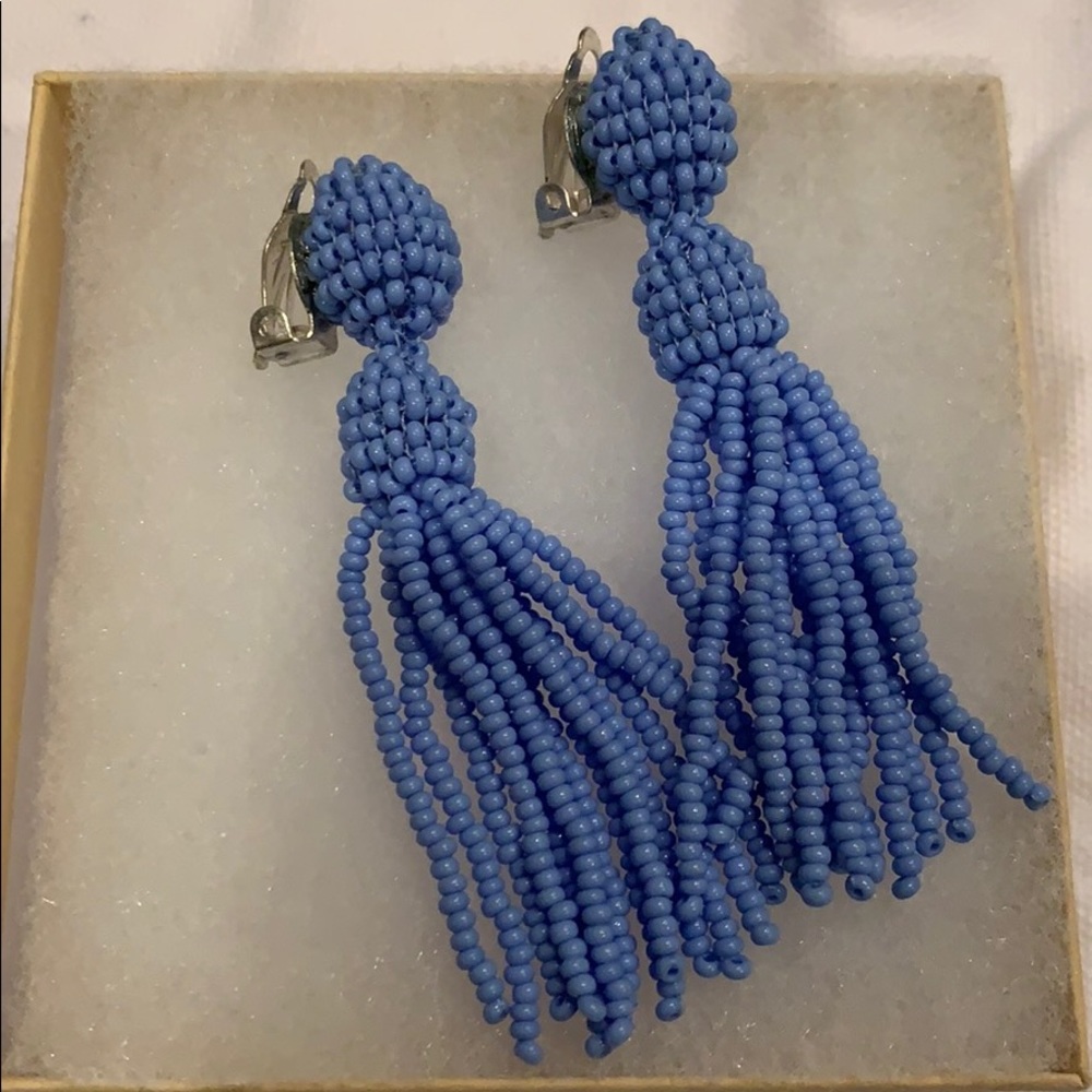 Blue tassel clip on earrings